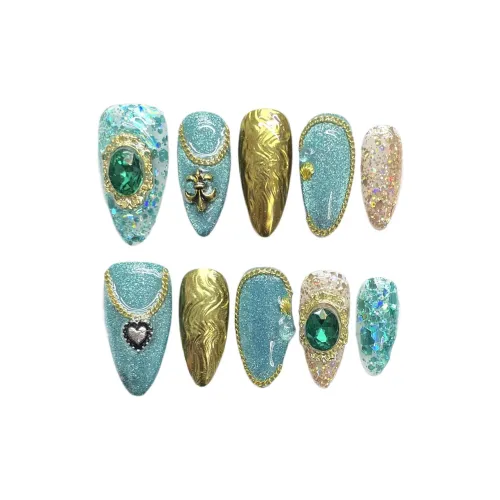 Rui Jin Экзотический ручной False Nail MID Длина Светло-синий Однотонный Сияние 24mm