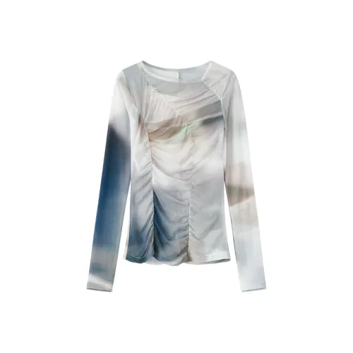 TAGEECHITA Дизайн Driven Марля Облегающий крой Утягивающий Длинный рукав Т-рубашка Женская