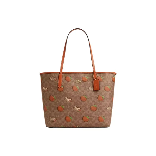 COACH Городская Сумка Tote из Покрытого Холста Сумка для покупок Сумка через плечо Сумка Большая Женская Золотая с Бронзой