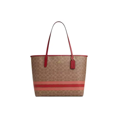 COACH Покрытый холст Тоут Сумка Сумка для покупок Сумка Сумка через плечо Большая Женская Золотая с Бронзой