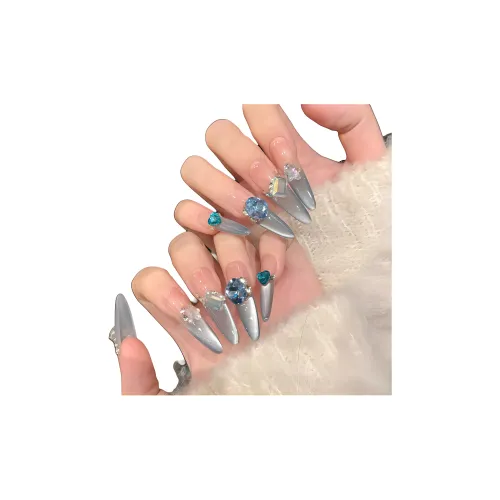 YOUYUYAN Аквамарин Danube False Nail Длинный Синий Градиентный Coquette Французский Боковая сторона Свет Кошачий глаз Маленький Сверкающий страз