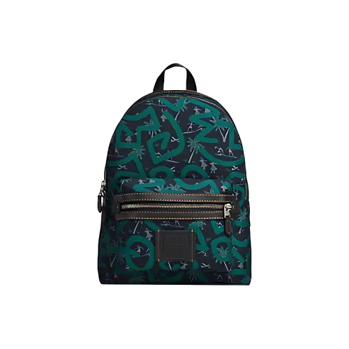 COACH Keith Haring Коллаборация ACADEMY Нейлон Смесь с Перчаточная дубленая кожа Рюкзак Большой Женские Синий Зеленый