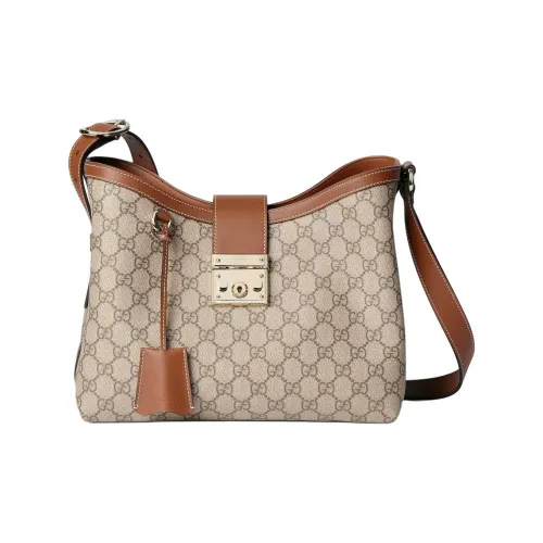 GUCCI Сумка через плечо с подвесным замком ткань средний размер женский бежевый и темно-коричневый