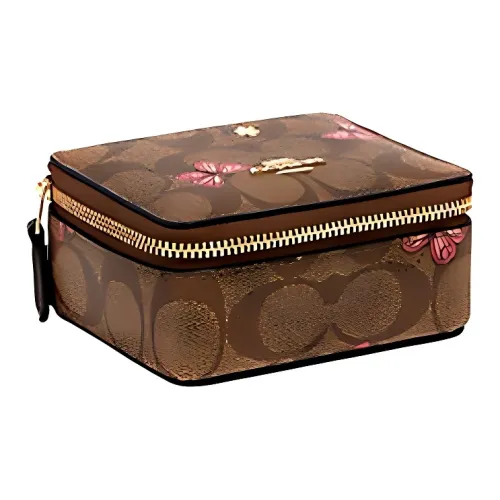 COACH Ювелирные украшения Bo ICONIC Холст с покрытием и гладкая кожа Шкатулка для украшений Хранение Коробка Мини Женские Хаки Розовый