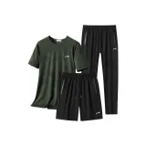 Комплект одежды (Армейская зеленая рубашка с коротким рукавом + черные шорты + черные штаны)