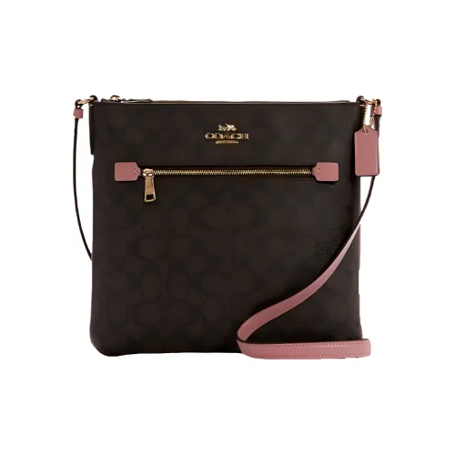 COACH Rowan ПВХ Сумка для документов Сумка через плечо Средняя Женская Коричневый Пастельно-розовый Плечевой ремень