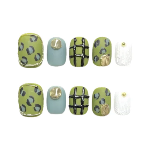 Rui Jin Леопардовый принт Линия False Nail Короткий LADDER Серо-зеленый Однотонный Матовый 16mm