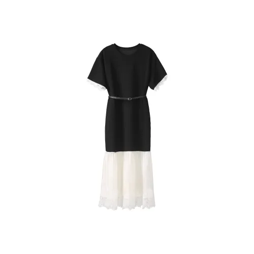 Fstudio Корейский стиль Кружево And Текстура Контрастность Элегантный Короткий рукав Платье Женское