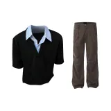 Чёрный топ + коричневые штаны