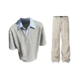 Серый топ + светлые хаки штаны