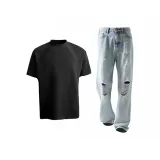 Комплект одежды [Черная футболка + Светло-синие штаны]