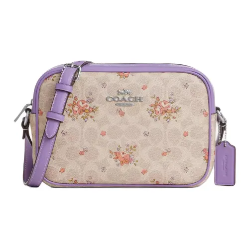 COACH Jamie Покрытый холст Camera Сумка Сумка через плечо Маленькая женская Бежевый и Фиолетовый