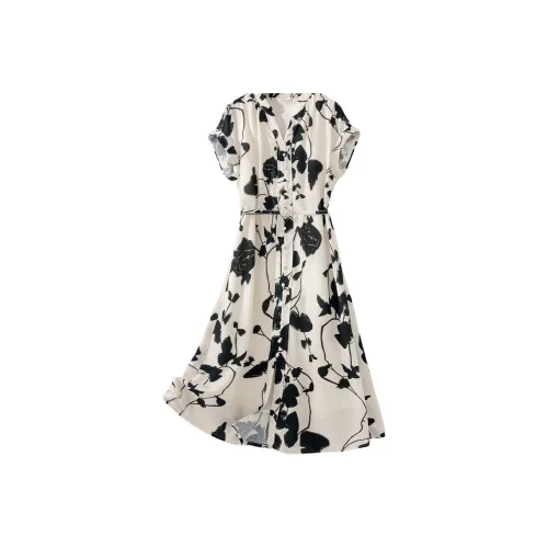 IHIMI Короткий рукав Платье Женское Бежевый с черными цветами
