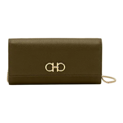 Ferragamo Gancini Hammered Текстура Телячья кожа Кошелек Сумка через плечо Мини Женские Оливково-зеленый