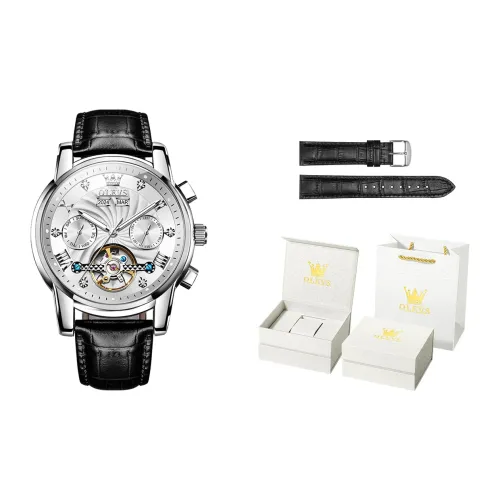 OLEVS Play The Cool Series Механическое механическое часы с кожаным ремешком Мужские часы Черный циферблат