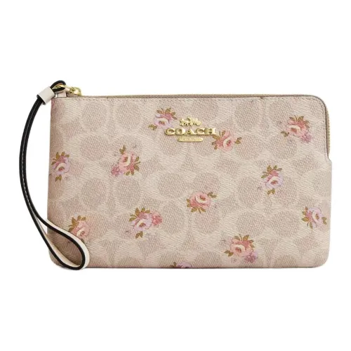 COACH Corner Zip Покрытый холст Клатч Большой Женский Золотой Песочный Многоцветный