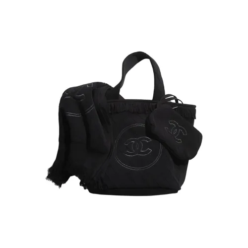 CHANEL Хлопковая ткань BEACH BAG THREE Комплект Сумка Комбо Сумка с Одеяло Шарф Комбо Набор Женские Черный
