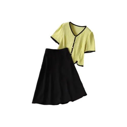 YUNFEIXIU Повседневный костюм свободный крой элегантность V-образный вырез рубашка юбка двухкомпонентный комплект для больших размеров утягивающий летний женский