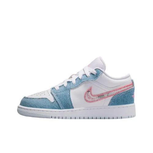 Jordan Air Jordan 1 Детская баскетбольная обувь Низкий топ Белый Синий Школьный возраст