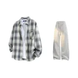 Gray Blue Plaid + White Photinia Gray Pants  
Серый Синий Клетка + Белый Фотиния Серый Брюки