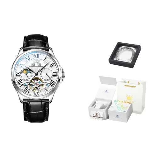 OLEVS Автоматический Механический Механизм Кожаный Ремешок Часы Мужские Белый Циферблат