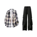 Темно-синий синий клетка + черные штаны