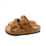 Коричневые тапочки с золотой застежкой, два ремешка.