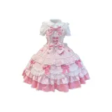 Розовый JSK + Белая рубашка + Шляпа + Спина с бантом