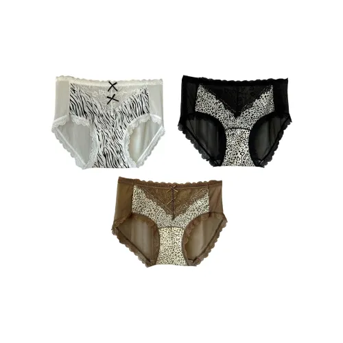 2323 [3 шт] Зебра Белый + Леопард с принтом Черный + Леопард с принтом Коричневый Женские Трусики-бикини