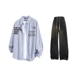 Синий Белый Полосы + Черные Штаны