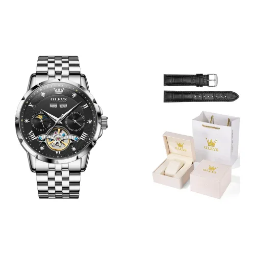 OLEVS Автоматический Механический Механизм Нержавеющая Сталь Ремешок Часы Мужские Черный Циферблат