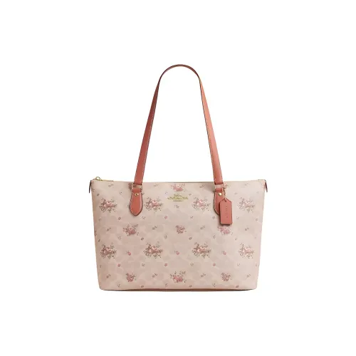 COACH Gallery Подписанная Покрытая Холст Сумка-тоут Сумка для покупок Сумка через плечо Большая Женская Золото Песочный