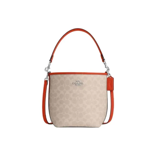 COACH Городская Покрытая Холстовая Ведрообразная Сумка Плечевая Сумка Маленькая Женская Песочного и Оранжевого Цвета
