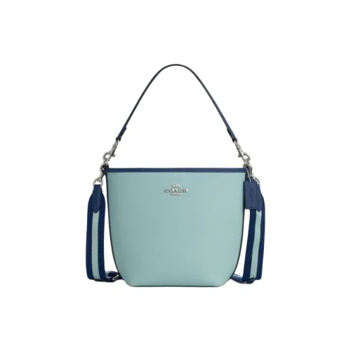 COACH Городская Двойная Сторонняя Сумка из Кожи с Ведрообразной Формой Сумка через плечо Маленькая Женская Светло-синий и Темно-синий