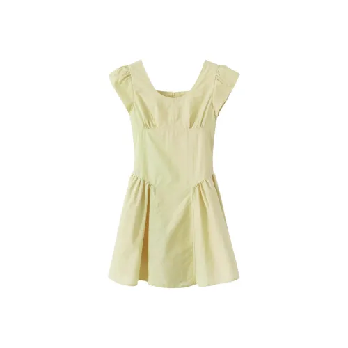 XIMENG Кремовый Желтый Женские Короткие Платья с Короткими Рукавами