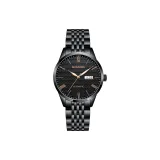 Чёрный корпус, чёрный циферблат, стальной ремешок.