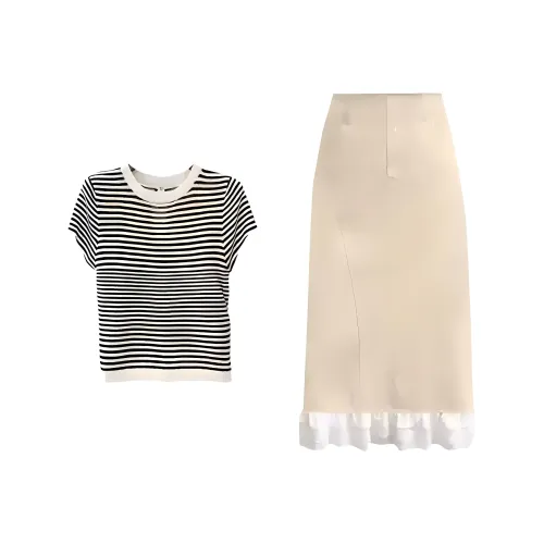 Полосатый топ + абрикосовая юбка женские комплекты с юбкой
