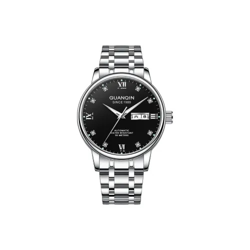 GUANQIN Автоматический Механический Механизм Нержавеющая Сталь Ремешок Часы Мужские Черный Циферблат