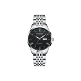 Серебряный корпус с черным циферблатом, стальной браслет