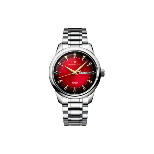 Montagut Кварцевый механизм ремешок из нержавеющей стали унисекс красный циферблат часов
