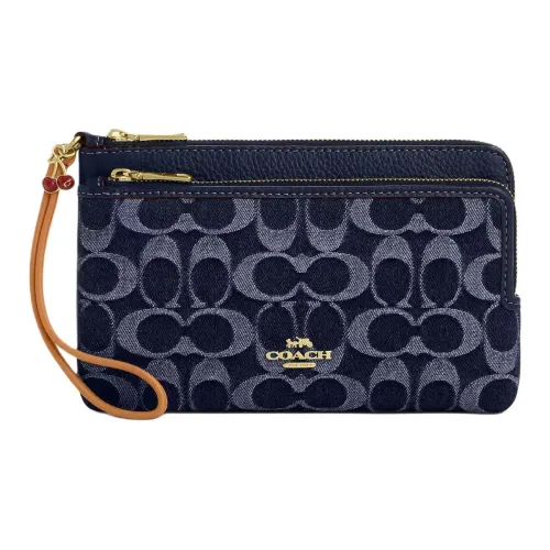 COACH Double Zip Wallet Denim Leather Insert Wallet Small Women's Dark Blue