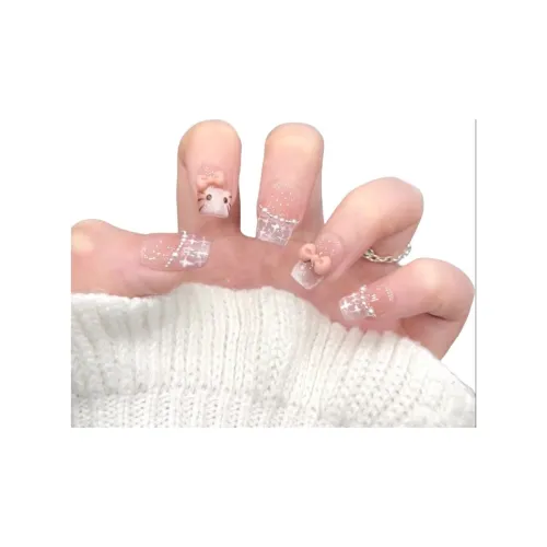 AIDINGQI Sweetheart Кошка с Румяна And Кошачий глаз Бант Handcrafted False Nail Короткий LADDER Розовый Телесный Coquette 18mm