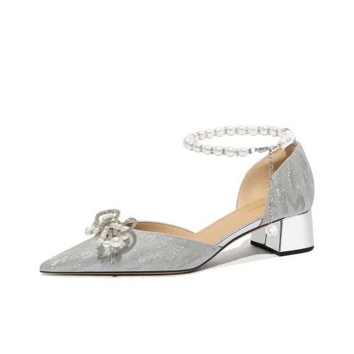 Lily Wei Лето Stream с Флуоресцентным Светящимся Квадратным Каблуком Высокие Каблуки Женские Серебристые