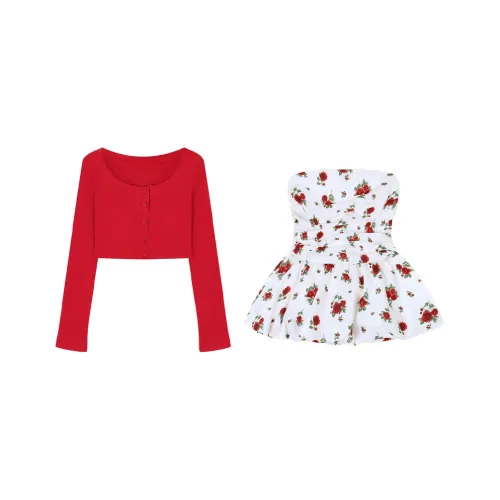 ETSE Красный кардиган + цветочное платье без бретелек женские комплекты с юбкой