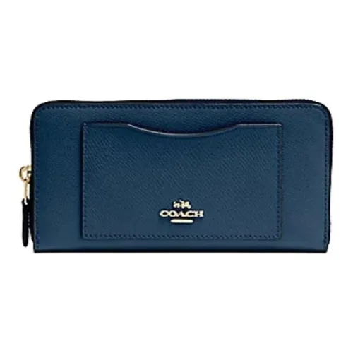 COACH Accordion Zip Wallet Крестовая текстура Кожа Кошелек Маленький Женский Джинсовый Синий