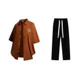 Комплект одежды (Темно-хаки рубашка + черные повседневные штаны)