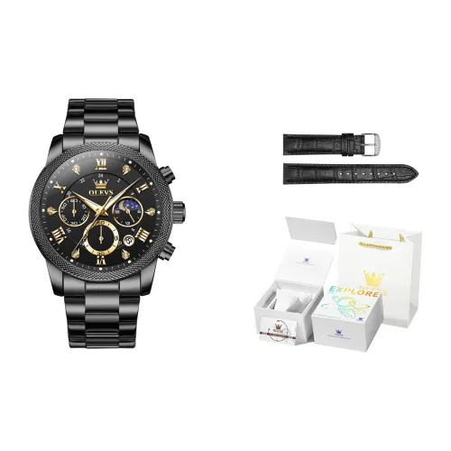 OLEVS Play The Cool Series Кварцевый механизм Нержавеющий стальной ремешок Часы Мужские Черный циферблат