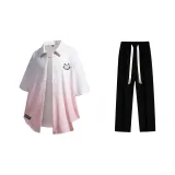 Комплект одежды (Белая розовая рубашка + черные повседневные штаны)