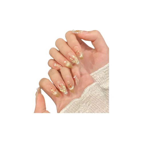 Rui Jin Осветляющий Премиум Светлый Кошачий глаз Ручная работа False Nail Средняя длина Золотой Градиентный Coquette 24 мм