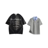 Серый, имитация двухслойности + черная, короткая рукавная рубашка